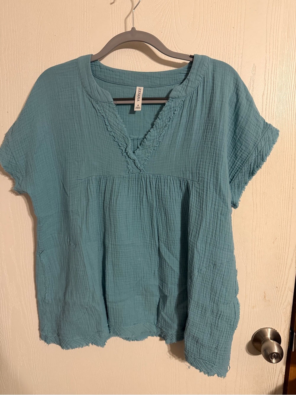 Size S Zenana Washed Double Gauze Raw Edge Womens Top